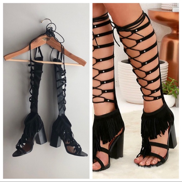 MIA Shoes - MIA Ricarda Black Suede Leather Tall Lace Up Fringe Gladiator Heels NWT Sz 8.5